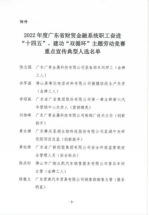 腾博会诚信为本,专业服务!集团6名职工入选“2022年度广东省财贸金融系统职工奋进‘十四五’、建功‘双循环’主题劳动竞赛重点宣传典型人选”名单
